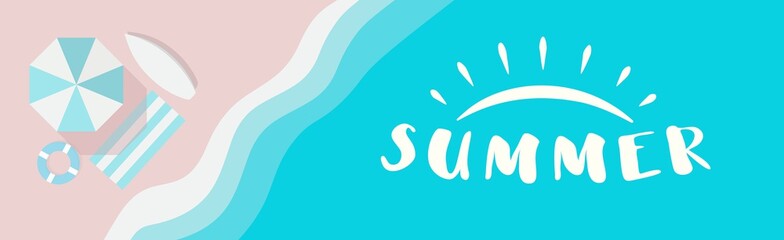 Summer wide vector banner with summer logo concept, Beach umbrella, deck chair, surf and pink sand lifebuoy next to the azure waves. Top view horizontal poster template. Cartoon illustration