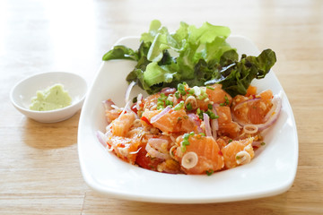 Salmon salad, Spicy salmon salad, Thai style.