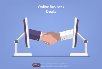 Online business deals with monitor concept design. Two businessman doing virtual handshakes. Flat vector template illustration