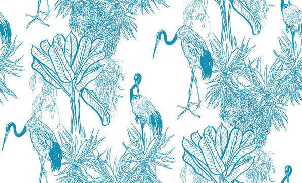 Seamless Pattern Japanese Crane Birds in Trees and Bushes Blue and White Outlines China, Oriental Fabric Print Hand Drawn Animals in Tropics