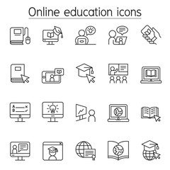 Online education icons set in thin line style