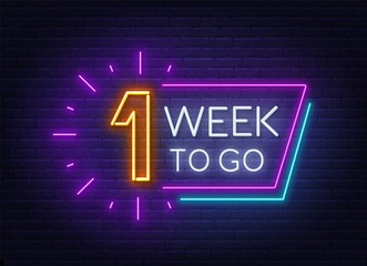 One week to go neon sign on brick wall background. Vector illustration.