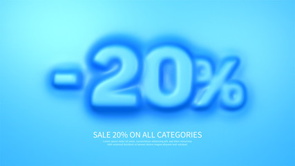 Awesome banner template with convex 20 percent symbol. Amazing blue banner for sale and discount. Vector illustration