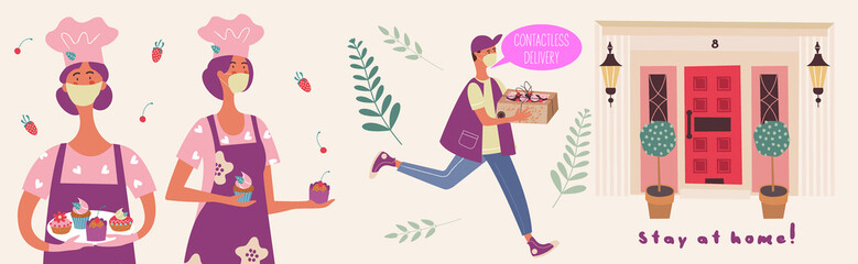 Contactless delivery of homemade cakes. Vector illustration.