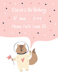 Baby Shower, Birthday invitation card with fox cosmonaut