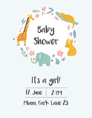 Baby Shower, Birthday invitation card with animals and floral ornament