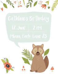 Fototapeta na wymiar Baby Birthday invitation card with funny raccoon