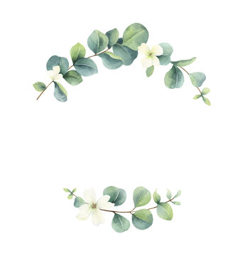 Watercolor vector frame with eucalyptus leaves and roses.