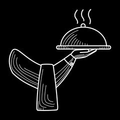 Waiter hand holding tray. Vintage linear vector image in black background
