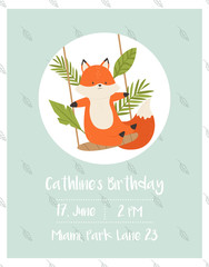 Baby Birthday invitation card with cheerful fox