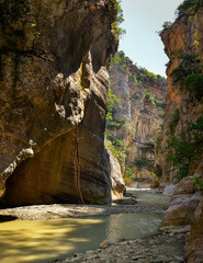 Sunny, summer day in the Lengarica Canyon - extremely narrow Lengarica gorge, behind the thermal springs of Benja, Fir of Hotova National Park, southern Albania