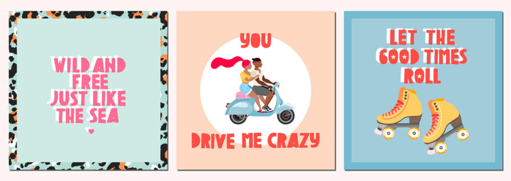 Travel quote summer cards. Summertime holiday concept. Modern hand-drawn vector cards and trendy handwritten quotes. Greeting card templates. A couple traveling on scooter and roller skates.