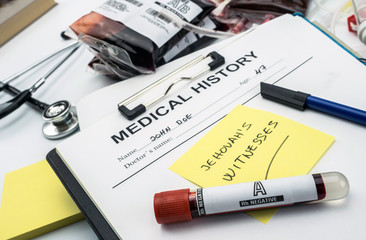 Note warning that sick is Jehovah's Witness, concept of denial of blood transfusions, conceptual...