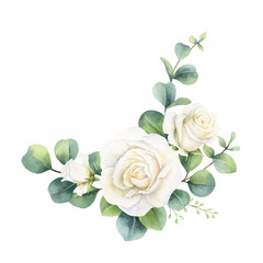 Watercolor vector bouquet with eucalyptus leaves and roses.