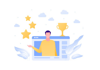 Social media blogger and online education cource concept. Vector flat person illustration. Male character on computer screen. Star and trophy success sign. Design for banner, web, ad, infographic