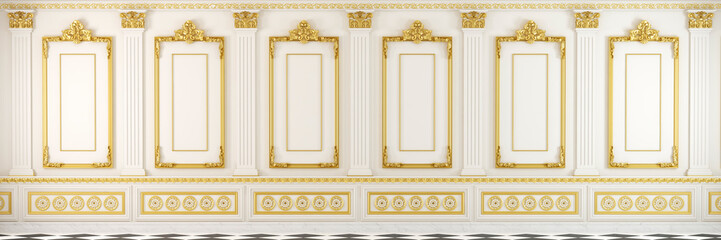 White classic wall with golden mouldings and marble floor showing an elegant and luxury empty interior room in landscape format for backgrounds. - obrazy, fototapety, plakaty