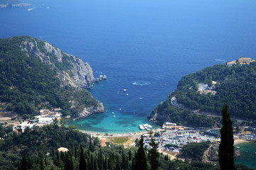 Fototapeta na wymiar View of Paleokastritsa bays from Bellas Vista turistic point. Corfu island, Greece.