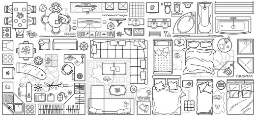 Floor plan icon set in top view for interior design. 
Architecture plan with furniture View from above. The layout of the apartment, kitchen, living room and bedroom. Vector 