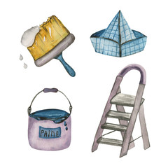 Watercolor illustration repair tool metal stepladder, brush with paint, paint bucket, paper hat. Hand-drawn with watercolors and is suitable for all types of design and printing.