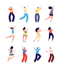 Dancing people. Joyful couples dance. Woman man on festive party festival or rave. Isolated girl boy dancers. Crowd clubbing guys vector set. Girl and man in club dancing illustration