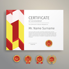 Modern certificate red and yellow template for business, diploma, and legal document vector