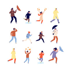 Fototapeta na wymiar People in autumn. Happy active woman, outdoor pleasure. Kids jumping, fall leaves and rainy weather. Man with umbrella vector illustration. Colored people with umbrella, girl and man walk