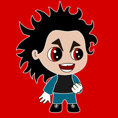 illustration with a boy showing his evil grin on his angry frowned face with wild black hair & red eyes & wicked smile through teeth, simple colored emoticon, vector emoji in color