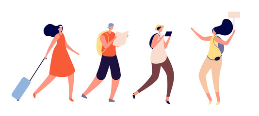 Tourists walking. Travel vacation, person trip luggage. International tour, travelers group explore world. Guided tour vector illustration. Tourist trip with luggage follow for lead