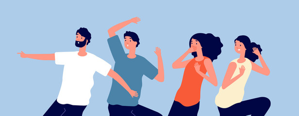 People in panic. Horror, nervous expression adults. Woman man afraid, anxious reaction. Team shocked horrified, phobia vector illustration. Fear panic and scared, expression horror afraid and stress