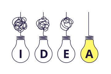 Light bulbs idea concept. Simplify complexity, graphic of problem solution. Creative thinking process. Tangled simple way vector concept. Light bulb idea, creative lightbulb innovation illustration