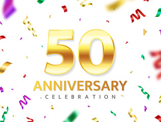 50th Anniversary celebration. Gold numbers with color confetti. Colorful tinsel and serpentine. 50 year jubilee celebration. Festive background. Bright decoration for party event. Vector illustration