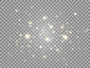 Glowing light flying composition. Glitter golden and white sparkles on transparent background. Shining stars composition. Bright magic dust particles. Sun flash. Christmas decoration. Vector