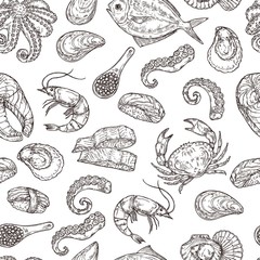 Seafood pattern. Hand drawn ink sea life. Sketch japanese food, engraving vintage ocean ingredients. Salmon fish squid vector background. Seafood restaurant, mollusk and drawn fish illustration