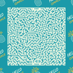Maze puzzle game with pineapple concept background. Labyrinth conundrum hard level.
