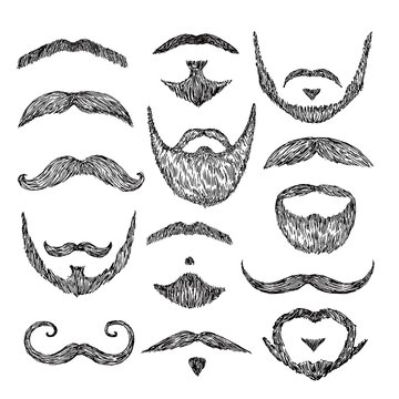 Sketch mustache. Drawing facial hair. Isolated patch mustaches, retro mouth beard. Abstract male hipster hand drawn mask vector illustration. Mustache and bearded, facial hair, hipster mask gentleman