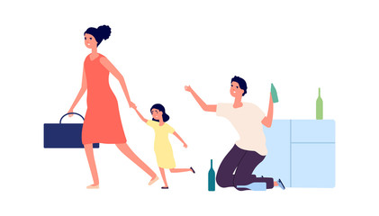 Alcoholism addiction. Drunk man, angry woman and sad girl. Wife with daughter leave husband. Divorce, quarrel in family vector illustration. Man addiction, woman with kid leave husband