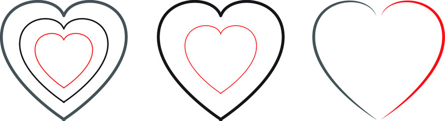 Icons, three style heart line symbols on a white background