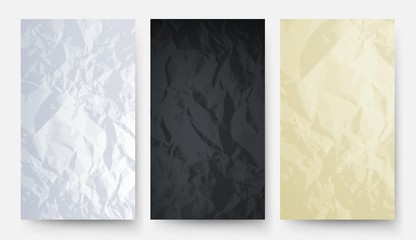 Crumpled paper. White black yellow carton texture. Empty papers banners vector set. Texture and wallpaper, billboard white and black cover illustration