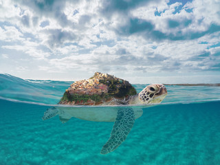 Imaginary fictional dreamy sea landscape with a sea turtle getting Castelsardo town to safety. Cloudy blue sky and underwater scene. Visionary place background with copy space