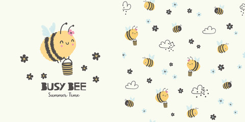 Busy bee. Summer time. Cartoon seamless pattern and surface design