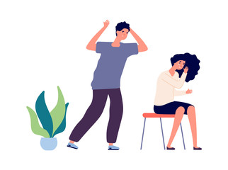 Family quarrel. Brother yells at sister, girl crying. Young couple, aggressive behavior or violence. Stress and fatigue, guy angry at woman vector illustration. Couple conflict, problem relationship