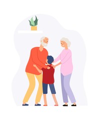 Family time. Grandparents and grandson. Happy elderly couple hug boy. Old people meeting young guy vector illustration. Grandparent and grandchild, grandfather love