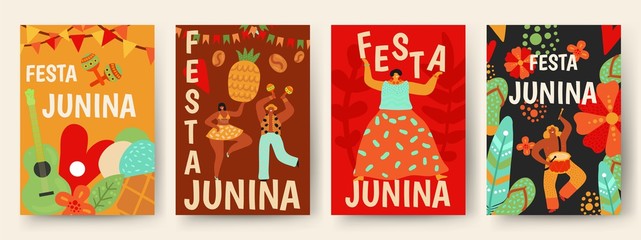 Festa Junina poster. Traditional brazil carnaval. Latin dancing party banners. Guitar and maracas, flowers dance people cards. June music celebration vector illustration. Festival celebration brazil
