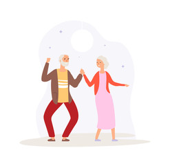 Grandparents dancing. Happy elderly couple party. Man woman dance on disco, fun active time. Old people relax vector illustration. Elderly couple party, dance music retirement