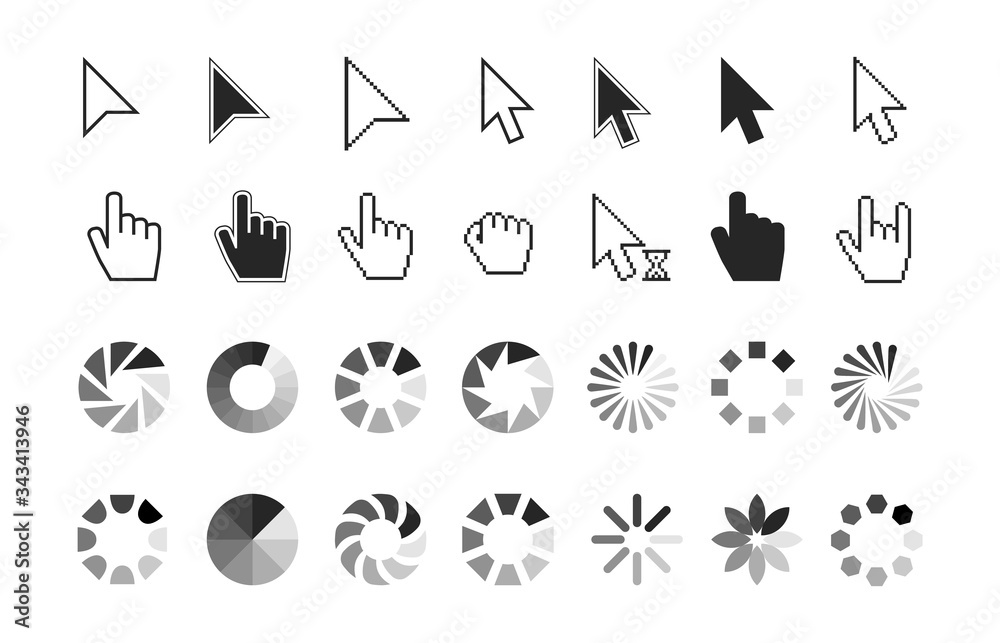 Poster pointer icons. hand cursor click, wait loading sign. computer and website interface elements. line a