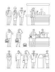 People queues. Man woman waiting lines. Isolated line characters on cash boxes. Person in grocery, station and bank. Tickets buying, pay food vector illustration. Queue line woman and man line style