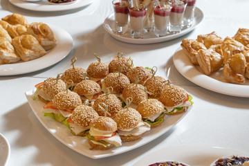 Mini chicken burgers with cheese and tomatoes on a white plate. Bonded with beautiful bamboo sticks.
