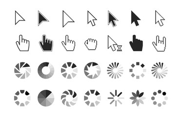 Pointer icons. hand cursor click, wait loading sign. Computer and website interface elements. Line and pixel cursors, black arrows and hands vector set. Click pointer cursor, point aiming illustration
