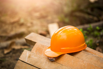 construction helmet  on wood