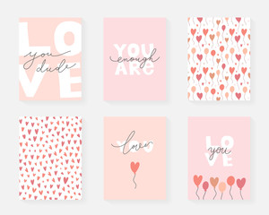 Love card collection with lettering and simple abstract drawng, modern fun motivational cards, love you dude, you are enough romantic quotes, hand drawn minimal illustrations, modern line art